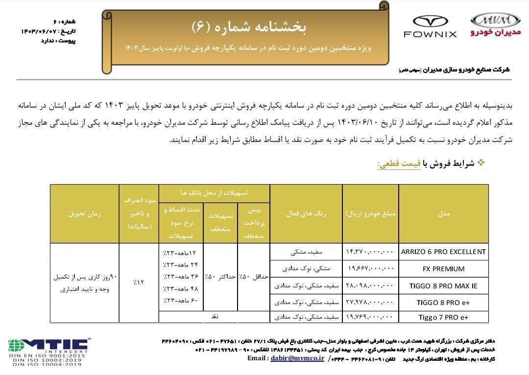 فروش فوقالعاده ۵ خودرو از شنبه ۱۰ شهریور ۱۴۰۳ +جدول قیمت