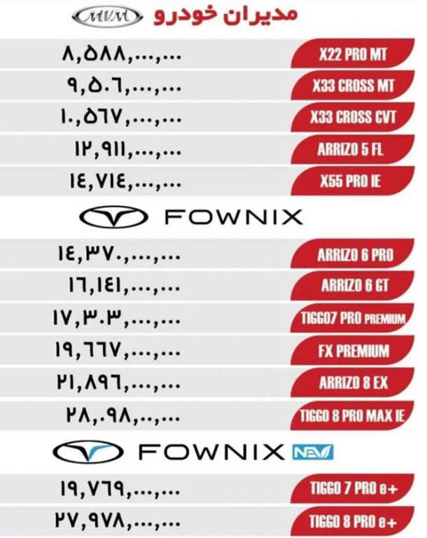 قیمت جدید محصولات مدیران خودرو را ببینید +جدول