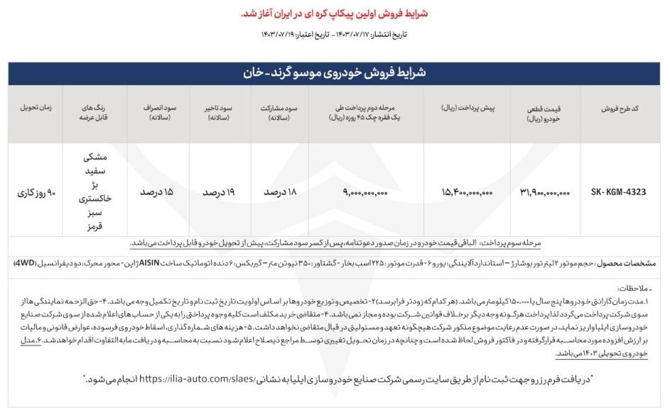 پیکاپ موسو برای اولین بار در ایران به فروش می‌رسد +قیمت و شرایط