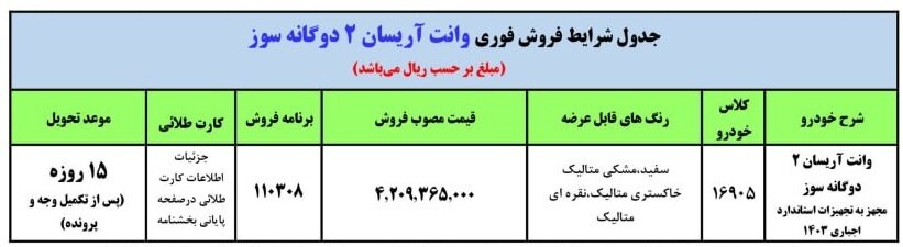 فروش فوری وانت آریسان دوگانه سوز آغاز شد +جدول