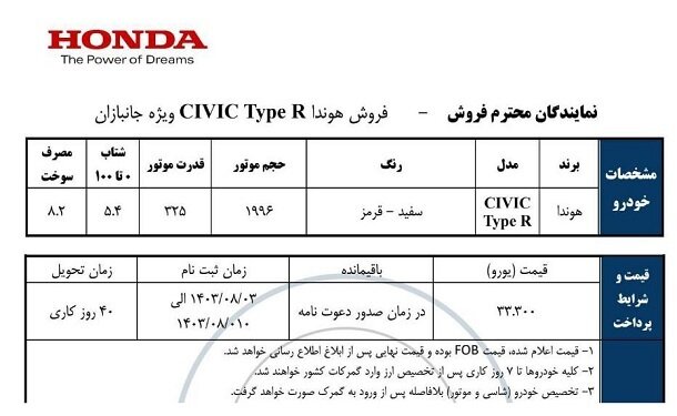 شرایط فروش هوندا سیویک Type R ویژه جانبازان اعلام شد +جدول