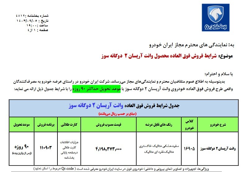 فروش جدید ایران خودرو از فردا ۷ آذر/ مهلت ثبت نام تا ۱۴ آذر ۱۴۰۳ +قیمت