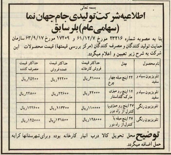 قیمت تلویزیونهای ایرانی در سال ۱۳۶۳ چقدر بود؟ 2 قیمت تلویزیونهای سیاهوسفید مبله اعلام شد!