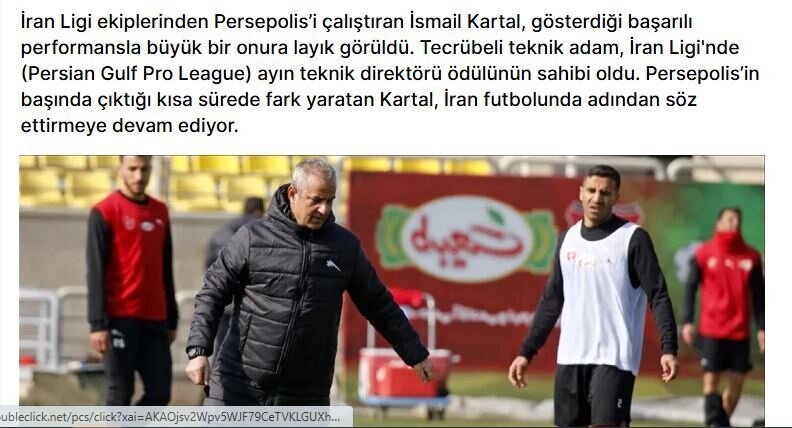 تمجید رسانه های ترک از اسماعیل کارتال، سرمربی پرسپولیس