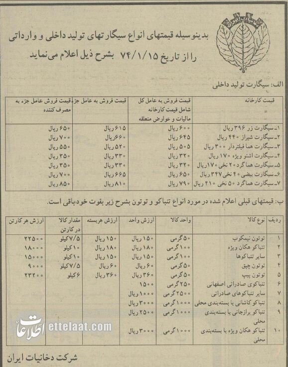 قیمت انواع سیگار و تنباکوی قلیان ۳۰ سال پیش چقدر بود؟