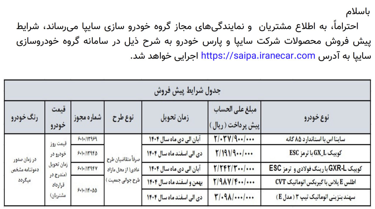 پیش فروش خودورو سایپا