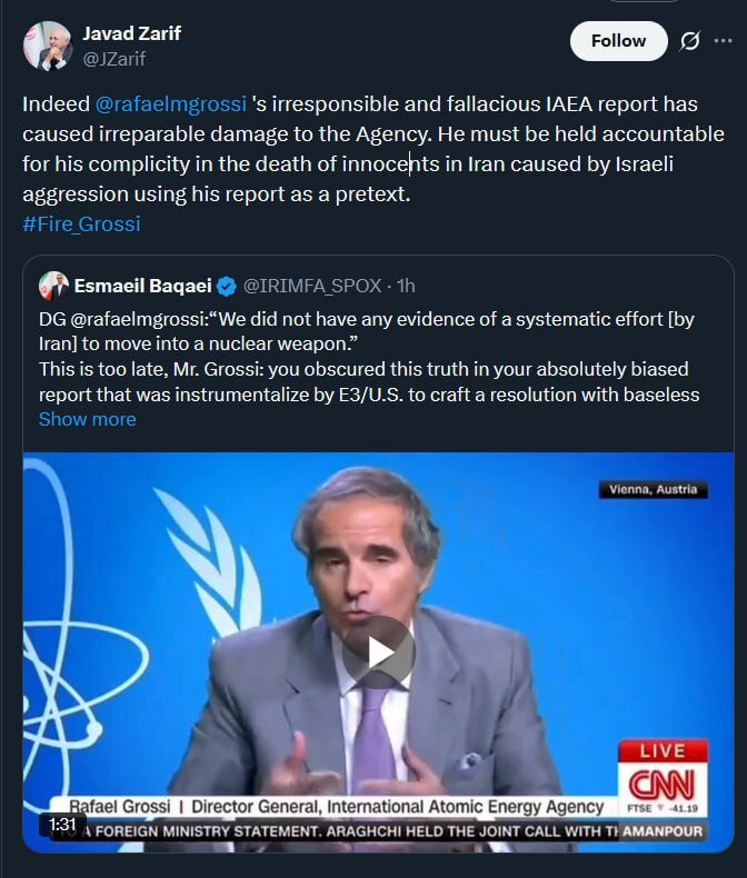 ظریف: گروسی به خاطر همدسی در مرگ هزاران ایرانی باید محاکمه شود