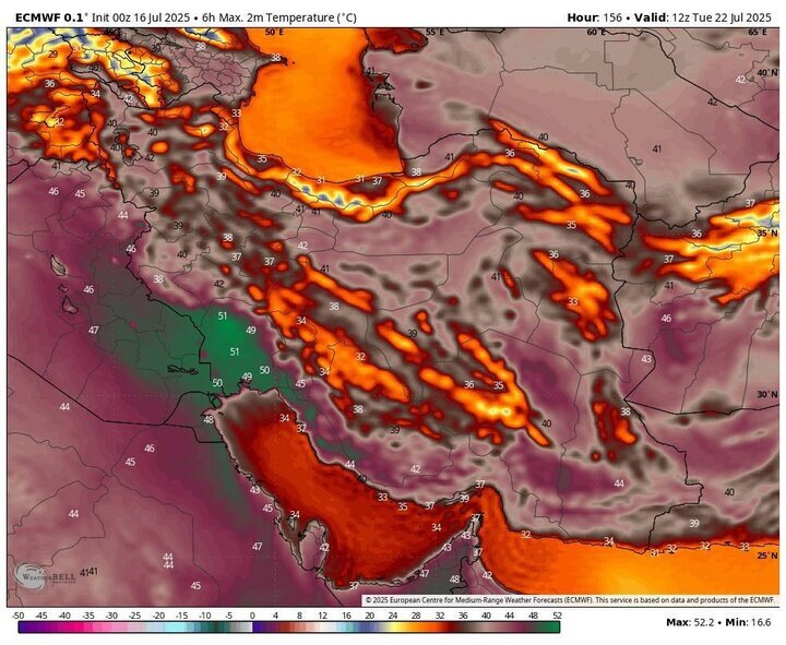 نقشه هواشناسی گرمای شدید