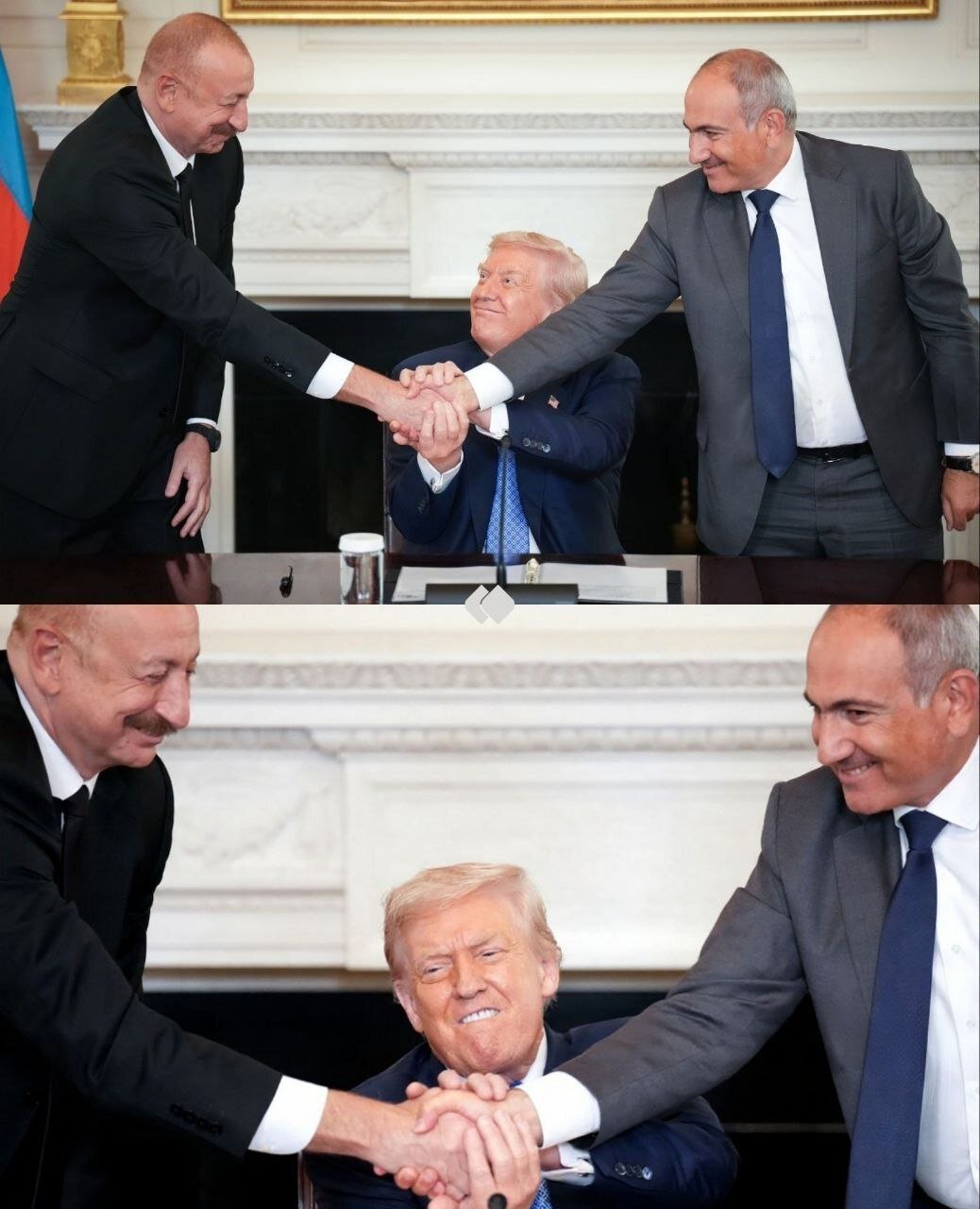 دست‌دادن علی‌اف و پاشینیان پس از امضای توافق صلح جمهوری آذربایجان و ارمنستان