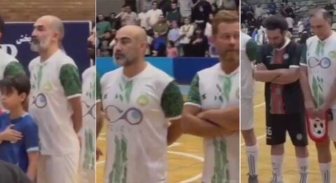 محسن تنابنده، هادی حجازی‌فر، محسن کیایی و پژمان بازغی سرود ملی را نخواندند! +ویدیو