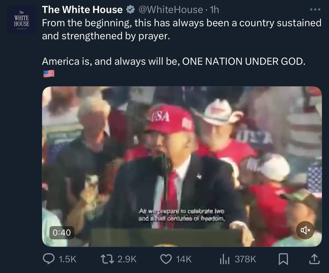 توییت جدید و عجیب کاخ سفید درباره ترامپ: آمریکا در پناه خداست! +عکس