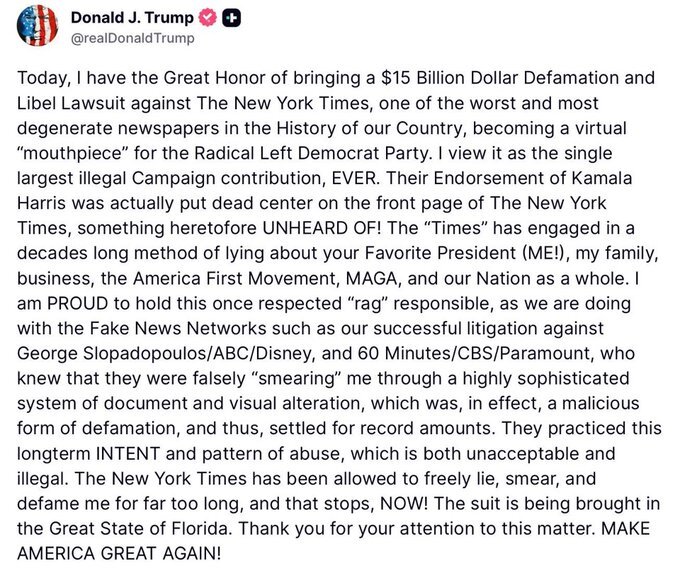 ترامپ برای دریافت 15 میلیارد دلار از نیویورک تایمز خیز برداشت