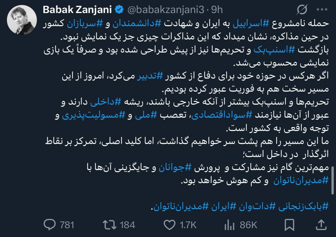 بابک زنجانی هم نظر داد: اسنپ‌بک ریشه داخلی دارد/ مشکل کشور کم‌هوشیِ مدیران است