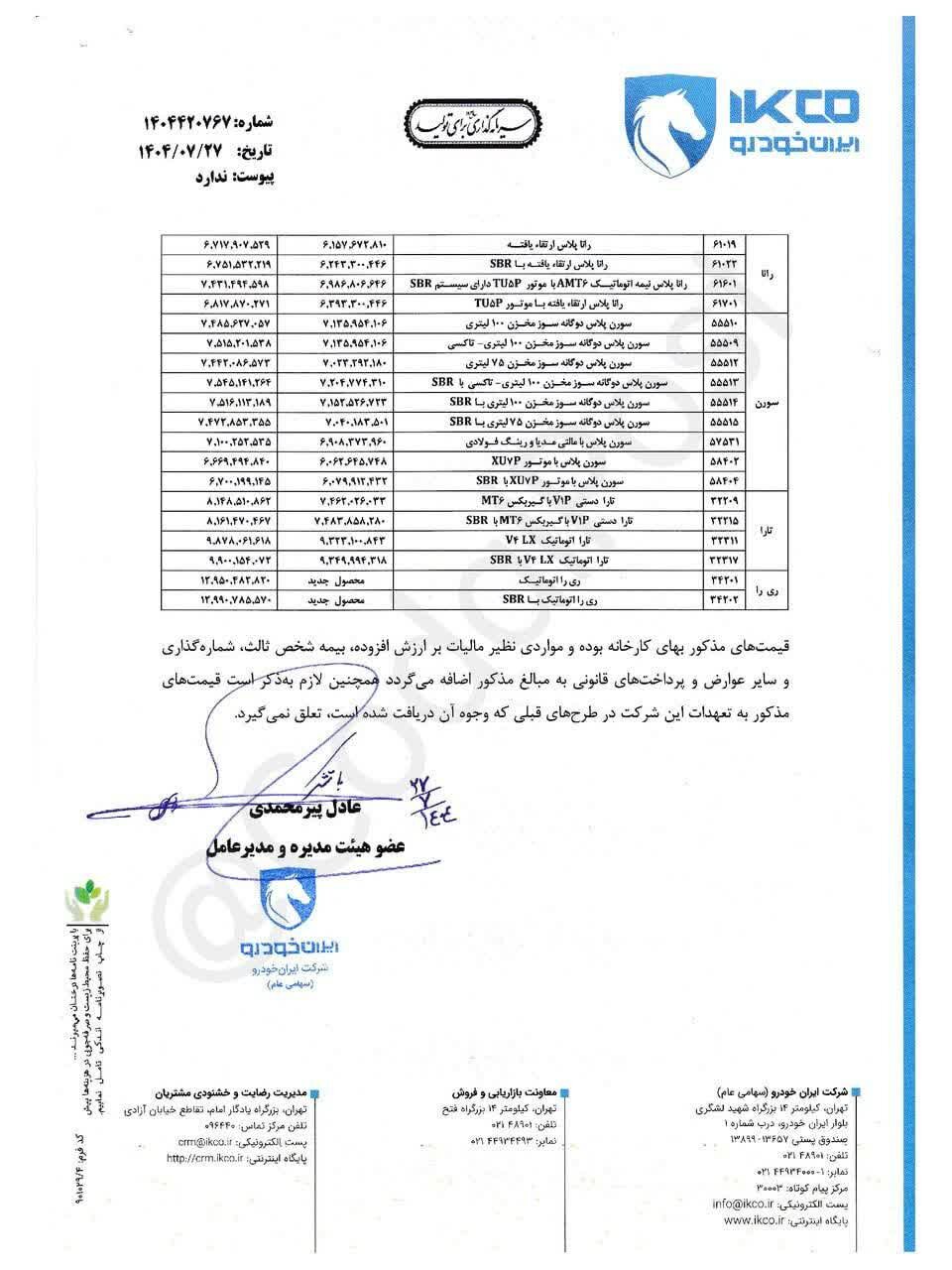 قیمت جدید کارخانه محصولات ایران خودرو اعلام شد