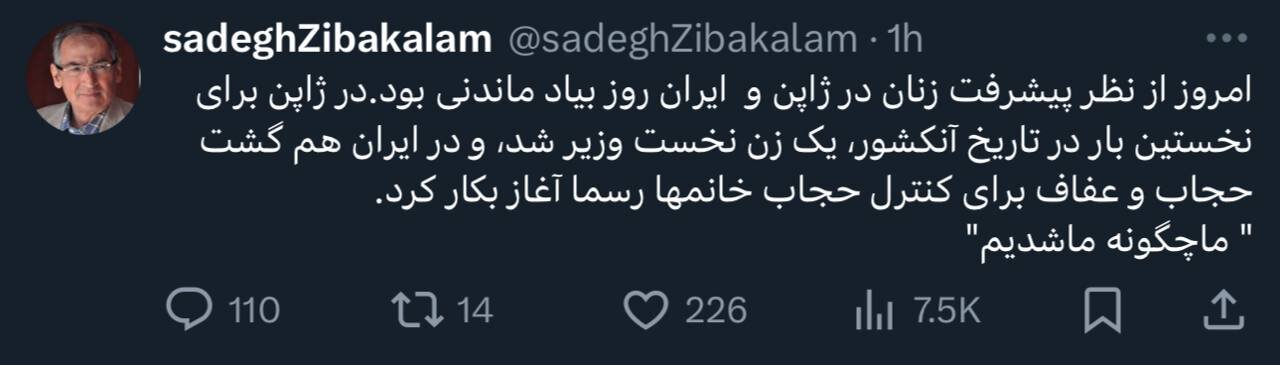 زیباکلام: یک زن در ژاپن نخستوزیر شد، اینجا هم گشت حجاب برگشت!