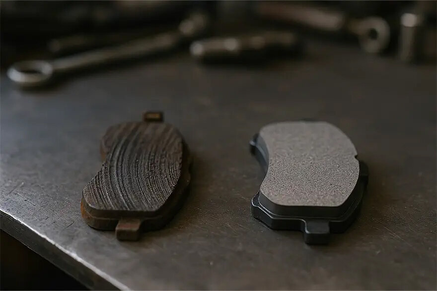 عکس لنداسکیپ از لنت ترمز فرسوده با سطح ساییده‌شده در کنار لنت ترمز نو روی میز فلزی تعمیرگاه؛ با پس‌زمینه ابزارهای مکانیکی.