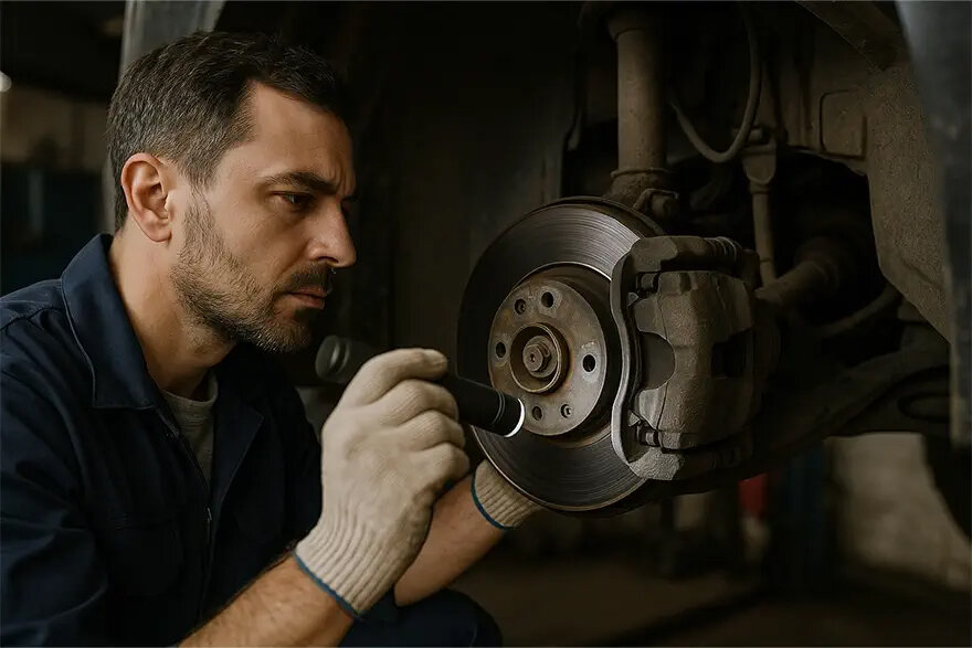 تصویر واقعی از مکانیک در حال بررسی دیسک و کالیپر ترمز با چراغ قوه؛ چرخ خودرو باز شده و محیط تعمیرگاه قابل مشاهده است.