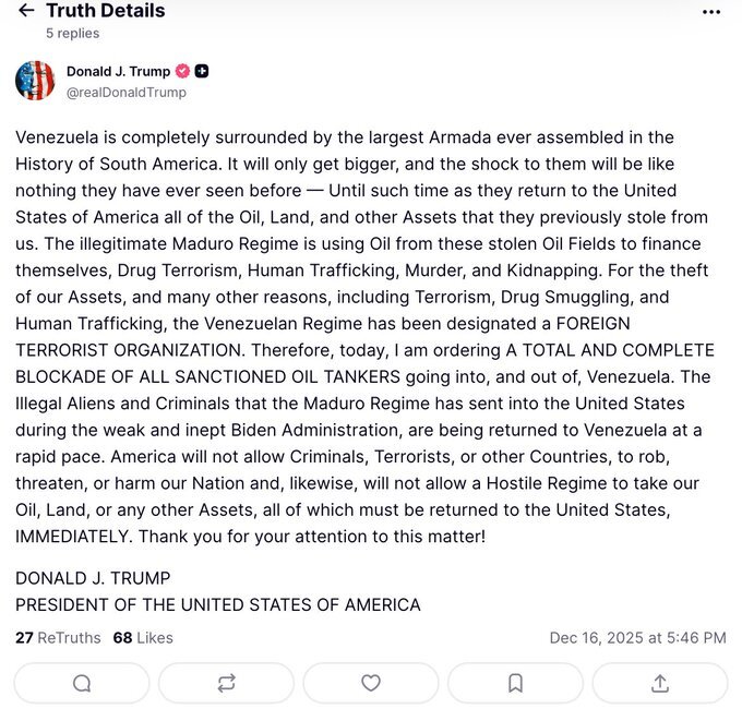 اعلان جنگ ترامپ به ونزوئلا: این نفت ماست که مادورو دزدیده!