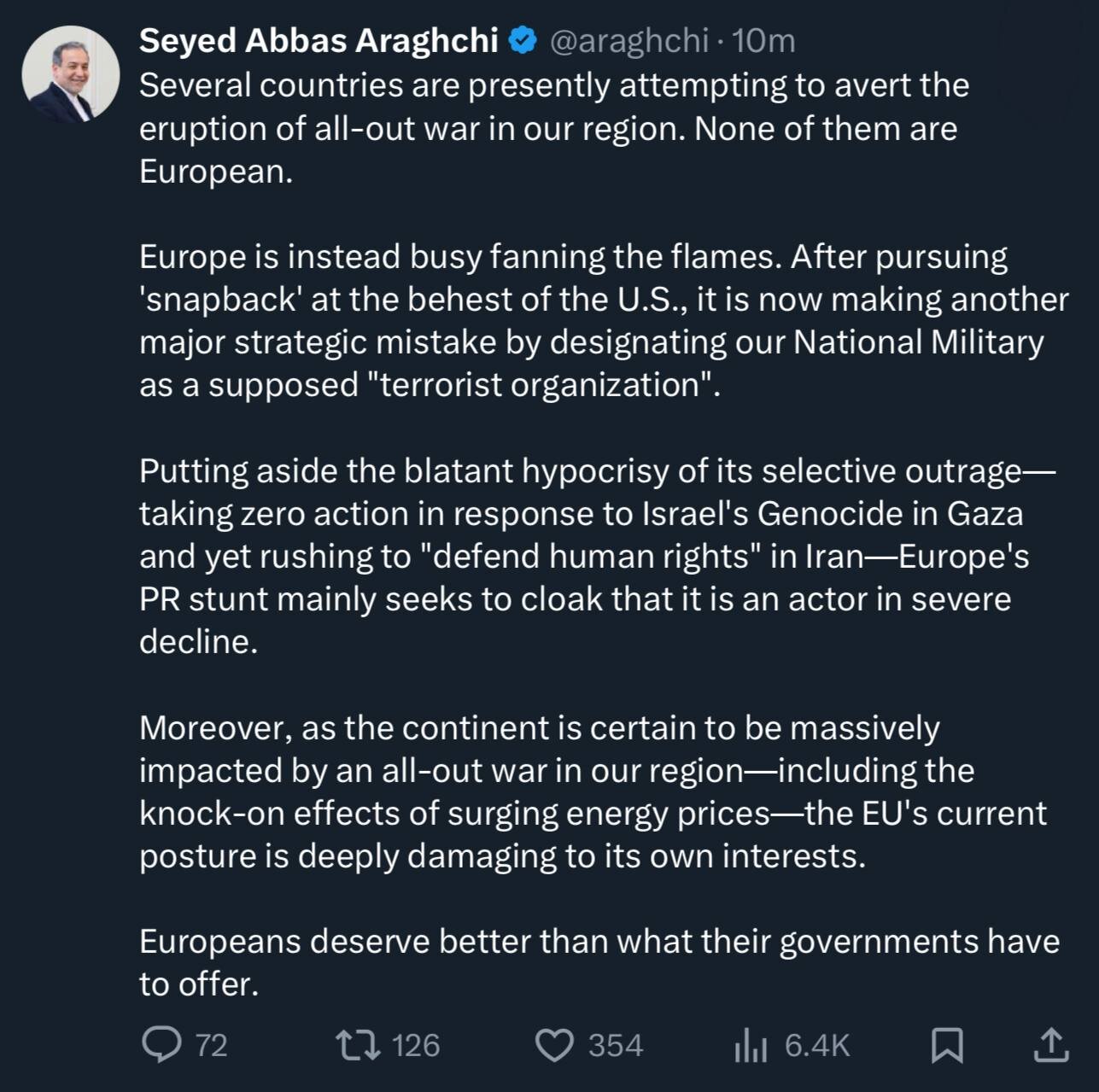 توییت عباس عراقچی خطاب به اتحادیه اروپا