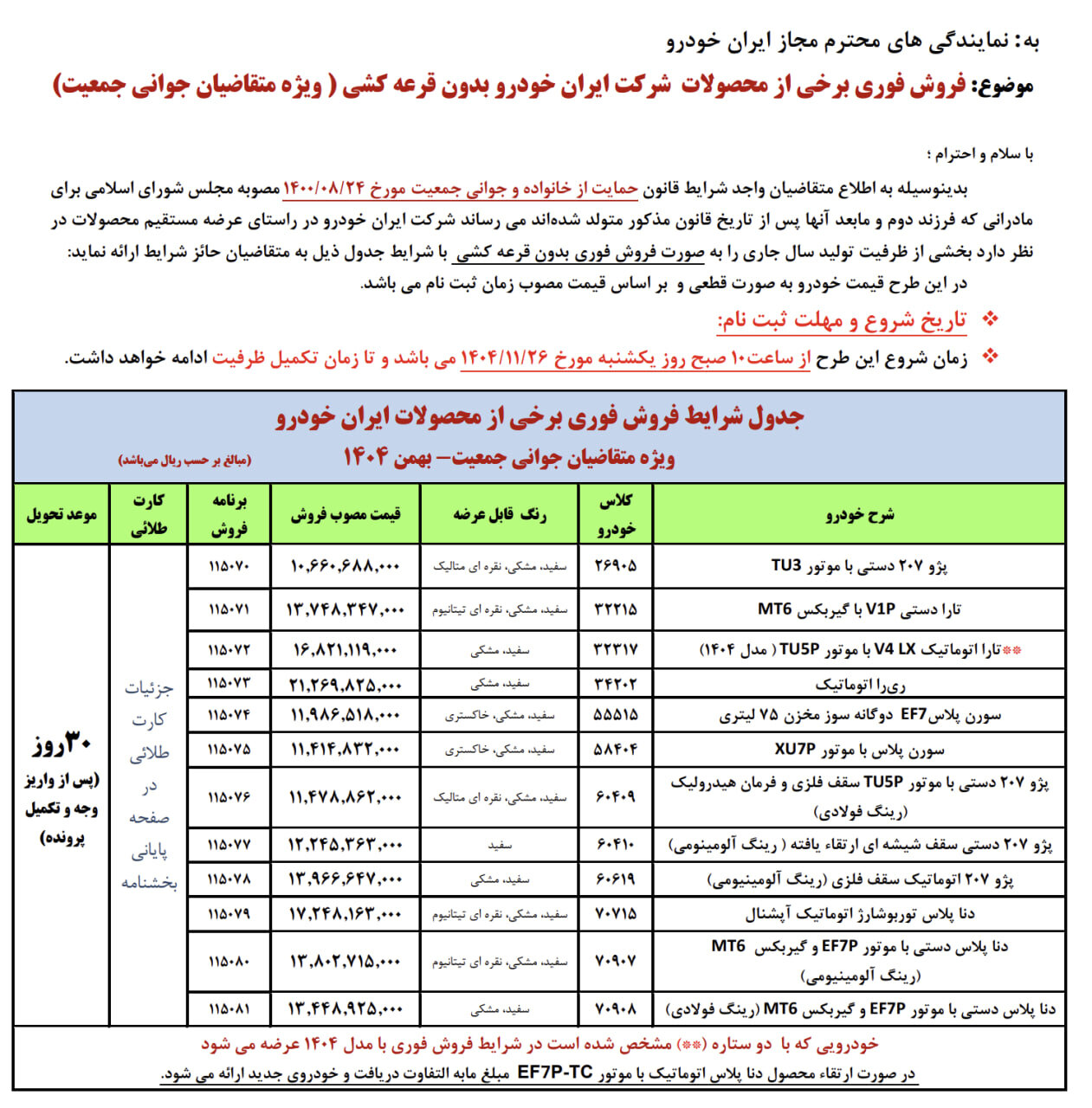 بخشنامه فروش جدید ایران خودرو بدون قرعه‌کشی/ آغاز ثبت‌نام از یکشنبه ۲۶ بهمن ۱۴۰۴+ جدول قیمت