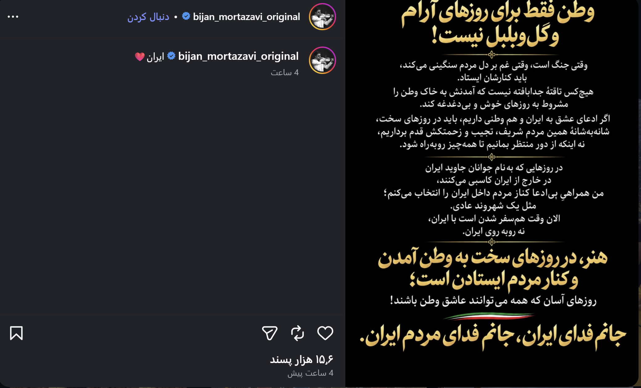 بیژن مرتضوی: وطن فقط برای روزهای آرام و گل و بلبل نیست +عکس